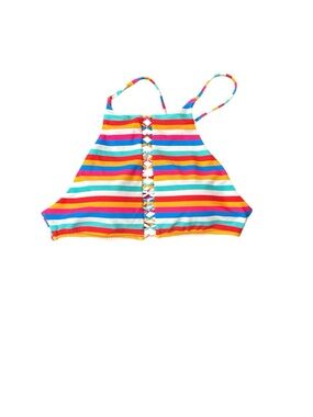 Raisins Striped Rainbow Lace-Up Halter Swim Top NWT size M